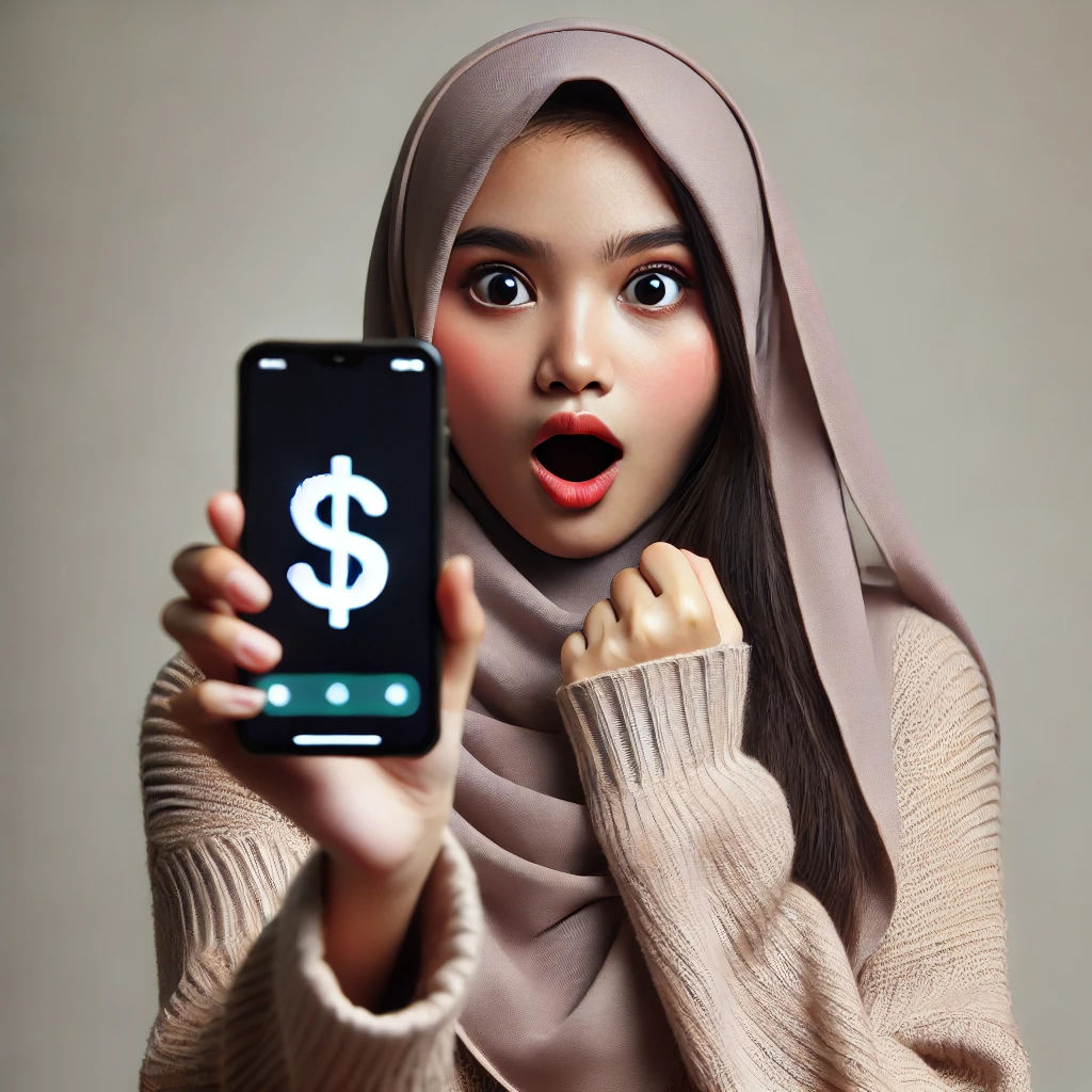 DALL·E 2024 09 22 14.23.39 A 20 year old girl wearing a hijab holding a mobile phone forward in her hand with an astonished expression on her face. The mobile screen shows a do